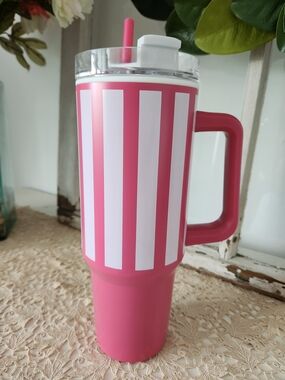 NEW. 40 Oz  Cold * Hot....Pink & White Striped Travel Tumbler with Handle